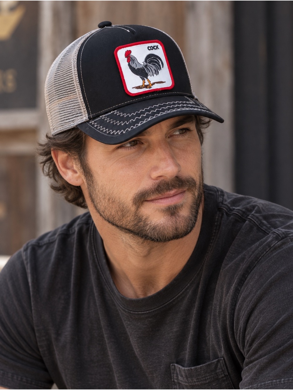 NWT Goorin Bros Black, Tan and Red Rooster Patch Trucker Hat